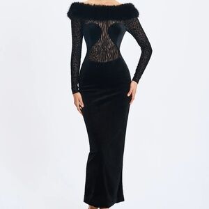 Miss Circle “Alexis” Fur Trim Burnout Velvet Maxi Dress – Black (Small)